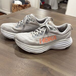 Hoka Light Gray and Peach Running Shoes